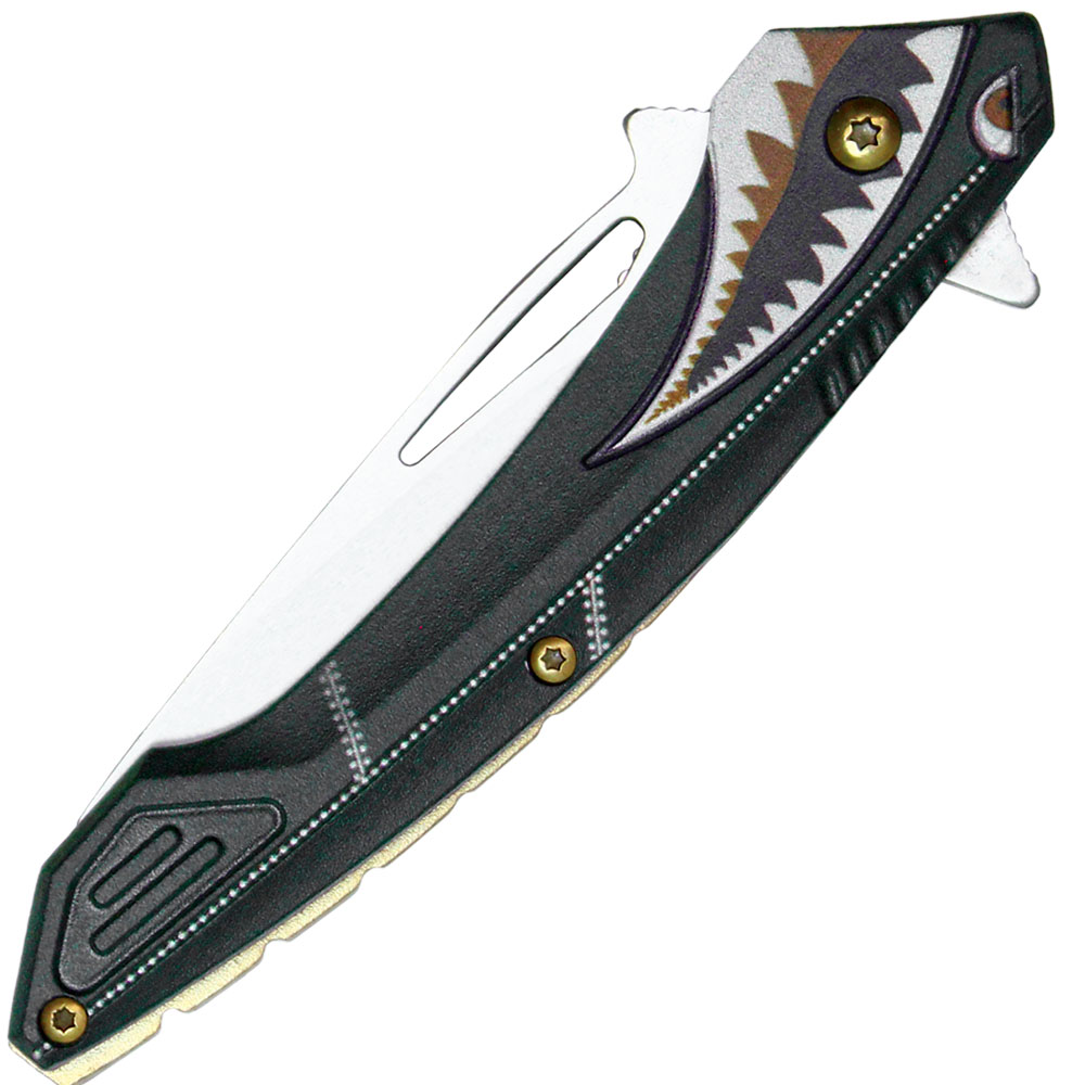 Assisted Open Folding Pocket Knife Green with Flying Shark Design view 3